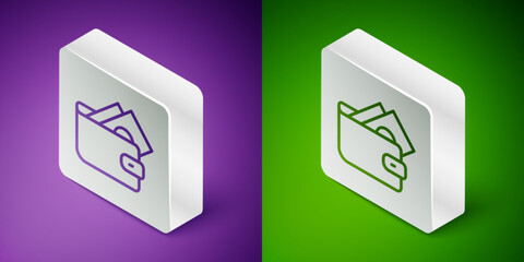 Isometric line Wallet with stacks paper money cash icon isolated on purple and green background. Purse icon. Cash savings symbol. Silver square button. Vector