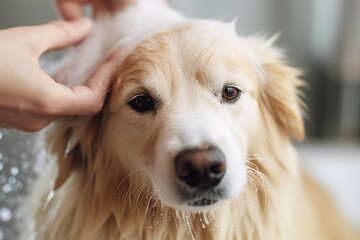 Focusing on a hand pouring gentle dog shampoo onto a dog's fur, illustrating the care and comfort provided during the washing process. Generative Ai