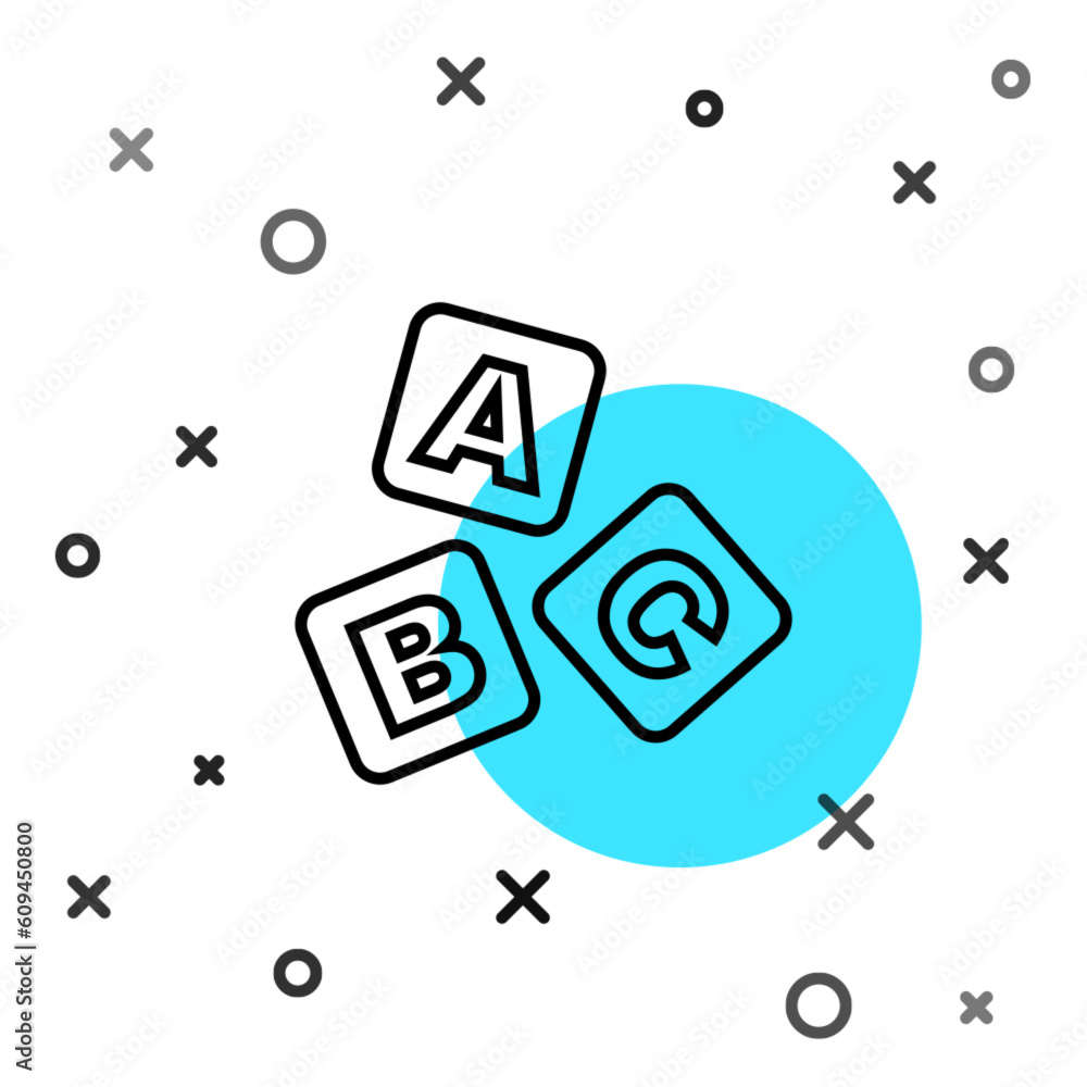 Poster black line abc blocks icon isolated on white background. alphabet cubes with letters a,b,c. random d