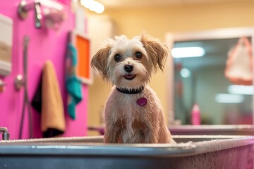 Dog being washed and groomed in a fashionable salon setting, reflecting the concept of grooming as a form of self-care for pets. Generative Ai