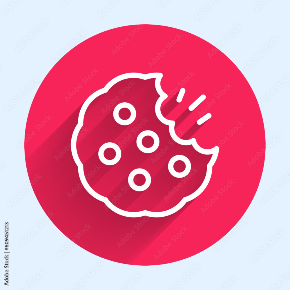 Poster white line cookie or biscuit with chocolate icon isolated with long shadow background. red circle bu