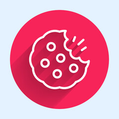 White line Cookie or biscuit with chocolate icon isolated with long shadow background. Red circle button. Vector