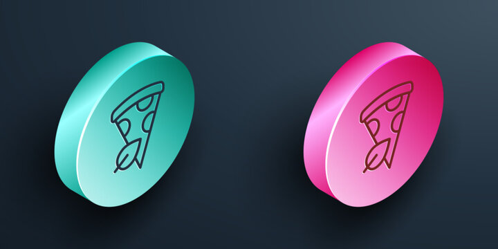 Isometric line Vegan pizza slice icon isolated on black background. Turquoise and pink circle button. Vector