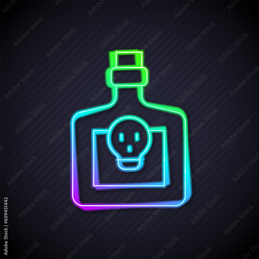 Poster glowing neon line bottle with potion icon isolated on black background. flask with magic potion. hap