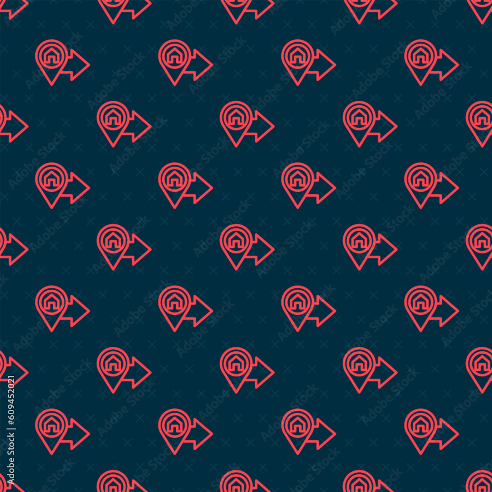 Aufkleber red line map pointer with house icon isolated seamless pattern on black background. home location ma