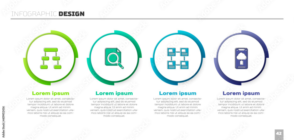 Poster set hierarchy organogram chart, search concept with folder, and cloud technology data transfer. busi