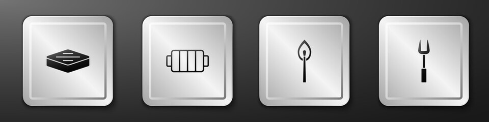 Set Steak meat, Barbecue grill, Burning match with fire and fork icon. Silver square button. Vector