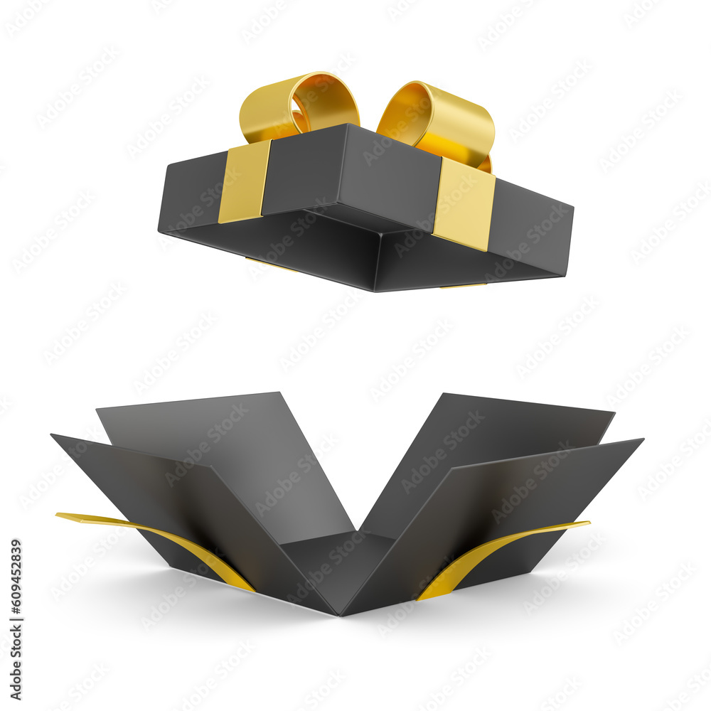 Sticker open gift box with black ribbon 3d rendering