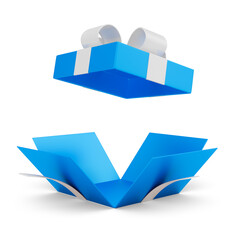 open gift box with blue ribbon 3d rendering