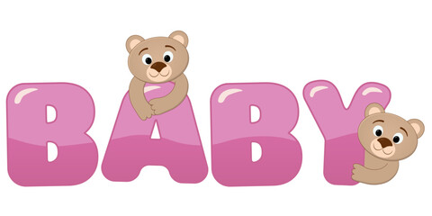 Obraz premium Vector illustration for children of two cartoon, funny, nosy bears, peeking out from behind a pink colorful text 