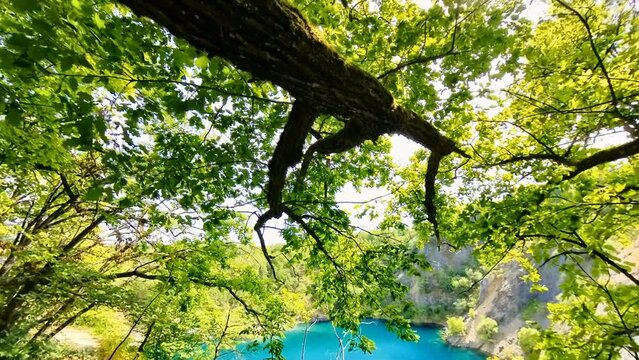 idyllischer Bergsee, t&uuml;rkisenes klares Wasser, Steinbruch, Biotop, Naturschutzgebiet, Teich, See, T&uuml;mpel, Naturschutz, Wasserschutzgebiet, Fische, gro&szlig;, Karpfen, Forellen, brise, Wind, Drohne, 4k, UHD