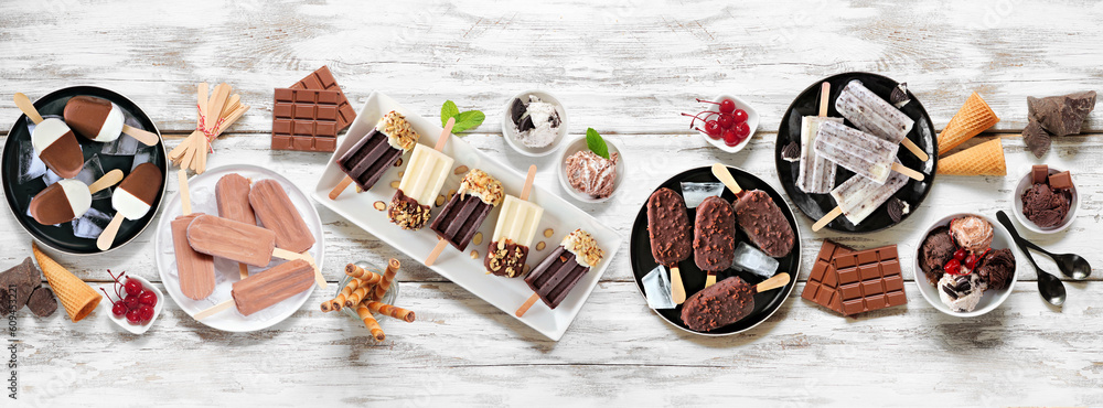 Aufkleber cool summer food table scene. group of chocolate theme ice cream and frozen treats. above view on a 