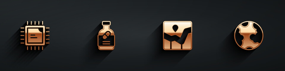 Set Processor CPU, Medicine bottle and pills, Graph chart infographic and Earth globe icon with long shadow. Vector