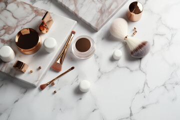 Marble background minimalist composition with brushes, cosmetics and beauty products. A collection of cosmetics. Modern and minimal beauty illustration and fashion content. Generative AI