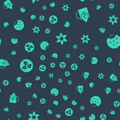 Set Flower, Cup of tea with leaf, Tea and Cookie or biscuit on seamless pattern. Vector