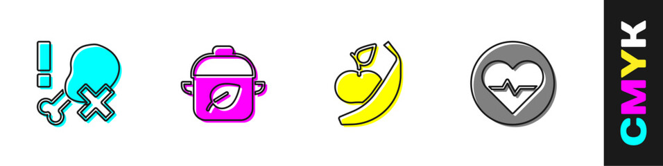Set No chicken leg, Vegan food diet, Apple and banana and Heart rate icon. Vector