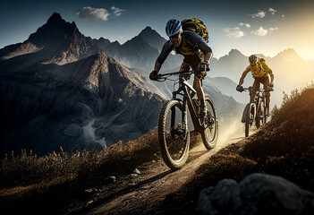 Athletes on bicycles ride on a trail in the background a mountain range. AI Generated
