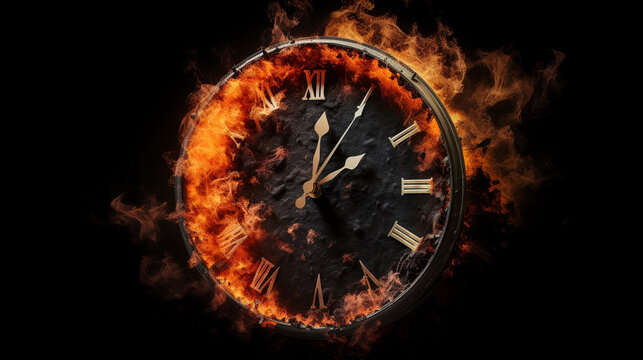 A black color clock on fire is isolated on black color background. time is money concept