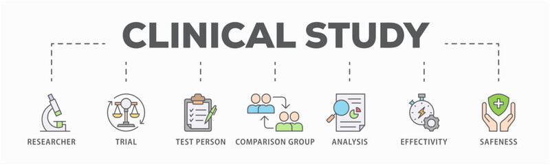 Clinical study banner web icon vector illustration concept for clinical trial research with an icon of researcher, trial, test person, comparison group, analysis, effectivity, and safeness