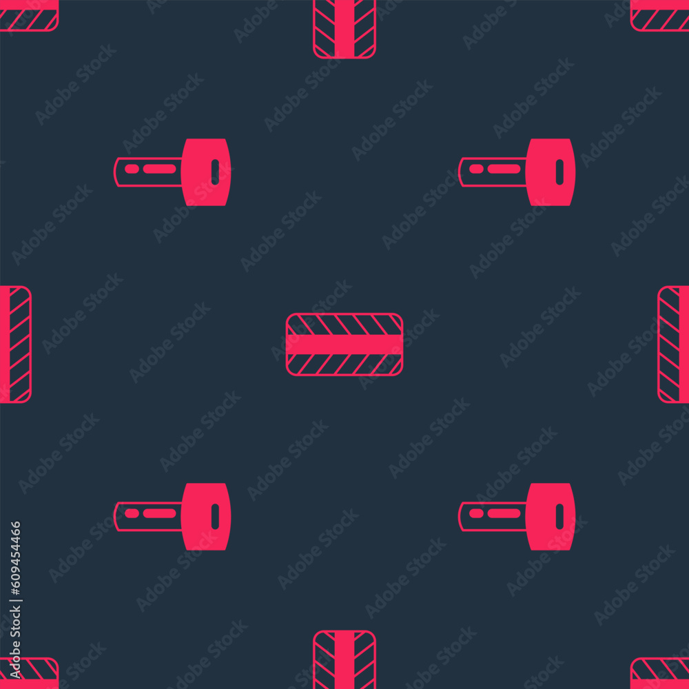 Poster set car key with remote and tire wheel on seamless pattern. vector