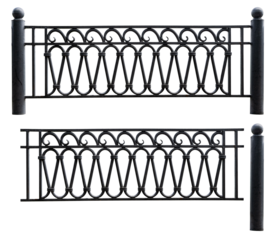 Beautiful black iron metal fence with metal posts close-up isolated on transparent background for collage set of 3 several photos.