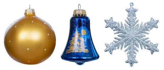 Christmas tree glass glitter ball gold, blue, silver snowflake close-up isolated on transparent background set of 3 photos.