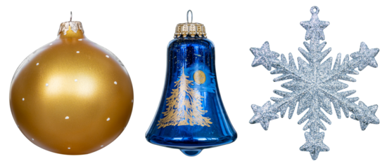 Christmas tree glass glitter ball gold, blue, silver snowflake close-up isolated on transparent background set of 3 photos.