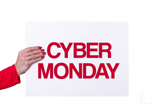 Woman hand holding a CYBER MONDAY white poster on transparent background. Studio shot. Commercial concept. - Powered by Adobe