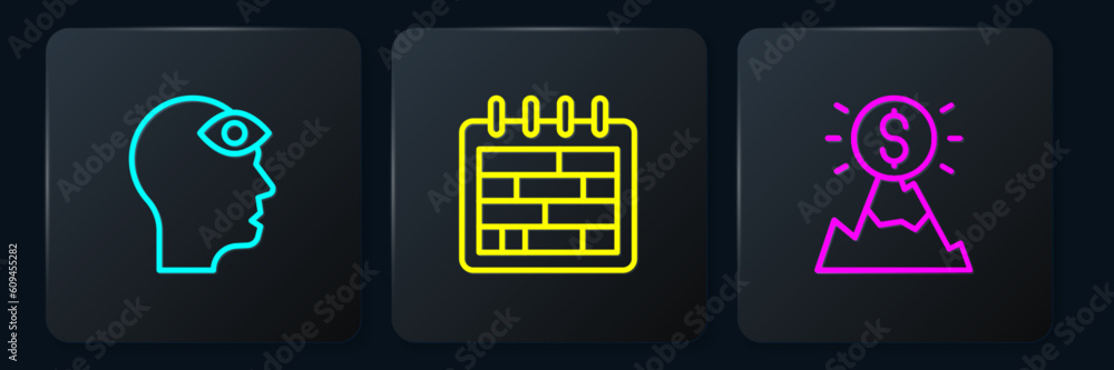 Poster set line man with third eye, mountains flag and calendar. black square button. vector
