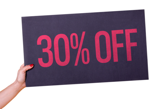 Woman hand holding a 30% black poster on transparent background. Studio shot. Commercial concept.