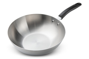 Wok or pan. Stainless steel wok pan non-stick without lid. Scratch Proof metal cookware for gas, induction or electric stove. For cooking meat, vegetable, rice. Professional chef kitchen equipment.
