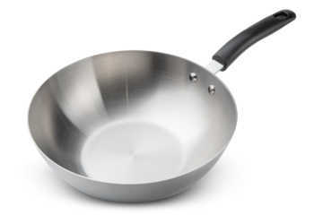 Wok or pan. Stainless steel wok pan non-stick without lid. Scratch Proof metal cookware for gas, induction or electric stove. For cooking meat, vegetable, rice. Professional chef kitchen equipment.