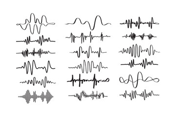 Sound waves. Doodle audio frequency, radio signal, voice line waveform, volume music level symbol