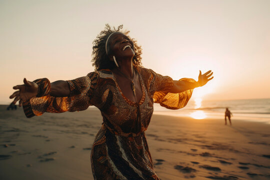 Generative AI Illustration Of Portrait Of A Happy Older Hippie Black Woman Dancing On Beach With Sunset Light