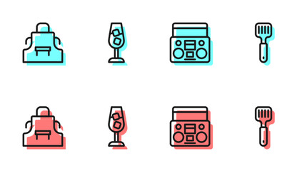 Set line Home stereo with two speakers, Kitchen apron, Wine glass and Spatula icon. Vector