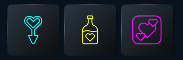Set line Female gender symbol, Heart and Bottle with love potion. Black square button. Vector