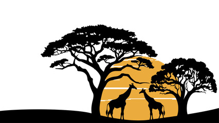 Africa Safari Savanna landscape background for logo - Black silhouette of wild animals, giraffes, trees and sun, isolated on white background (Generative Ai)