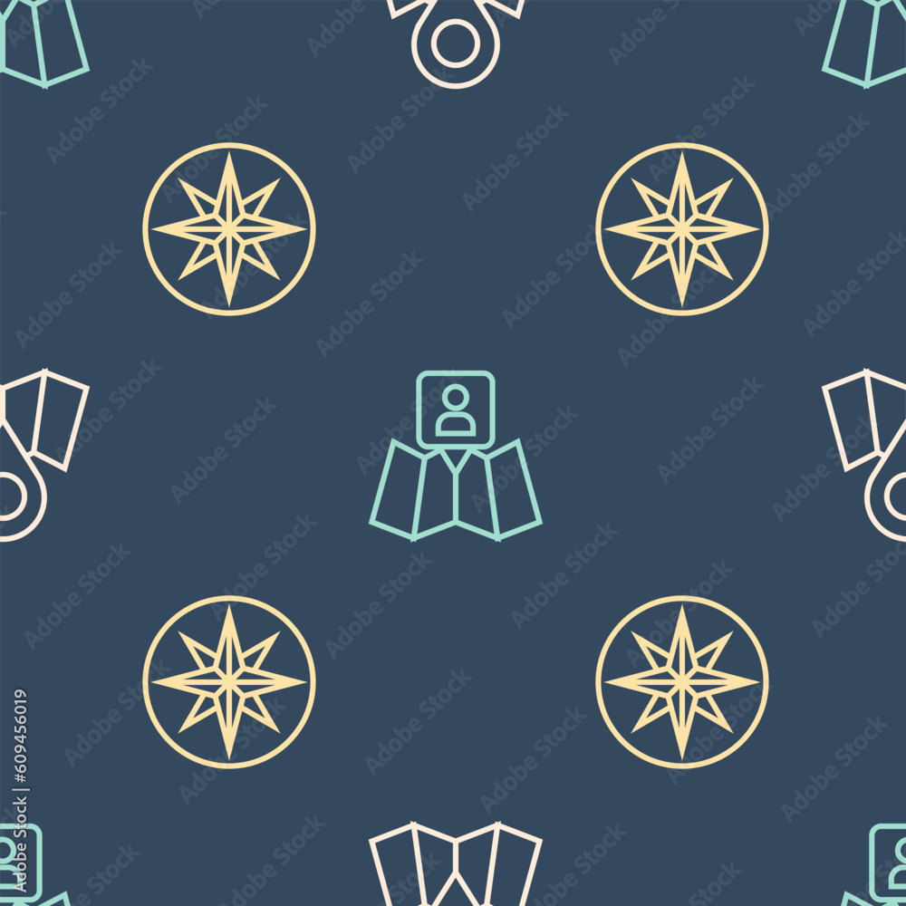 Poster Set line Folded map with location marker, Wind rose and on seamless pattern. Vector