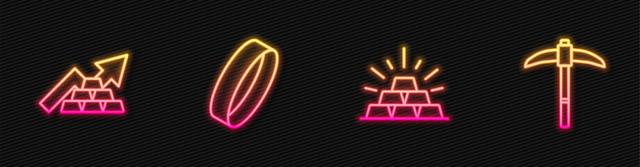 Set line Gold bars, Growth arrow with gold, ring and Pickaxe. Glowing neon icon. Vector