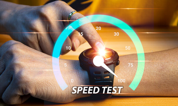 fast internet connection speedtest network bandwidth technology Man using high speed internet with smartphone and laptop computer. 5G quality, speed optimization.