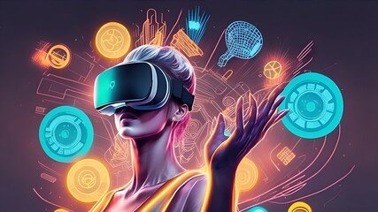 An energetic and dynamic illustration showcasing a person interacting with a virtual reality headset. Generative AI