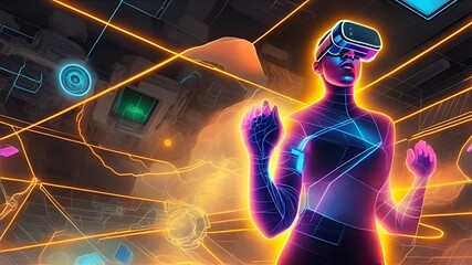 An energetic and dynamic illustration showcasing a person interacting with a virtual reality headset. Generative AI
