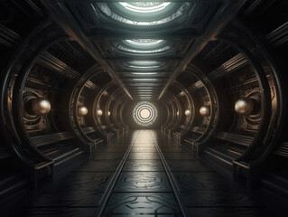 Abstract futuristic tunnel corridor with glowing lights and reflections Science fiction style 