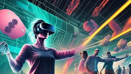 An energetic and dynamic illustration showcasing a person interacting with a virtual reality headset. Generative AI