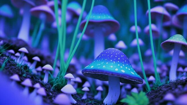 Ultraviolet blue magic mushrooms, down into earth, a.i. generated