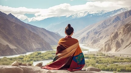 Journeying through Leh Ladakh Indian Women Travelers Posing for Photos at Stunning Viewpoints generative ai - obrazy, fototapety, plakaty