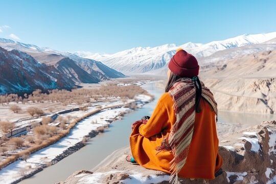 Adventure and Portraits Indian Women Travelers Unleashing their Wanderlust at Viewpoints in Leh Ladakh generative ai