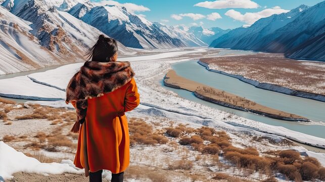 Journeying through Leh Ladakh Indian Women Travelers Posing for Photos at Stunning Viewpoints generative ai