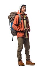 Fototapeta premium Young Indian college boy with a small bag hiker walking isolated white background generative ai