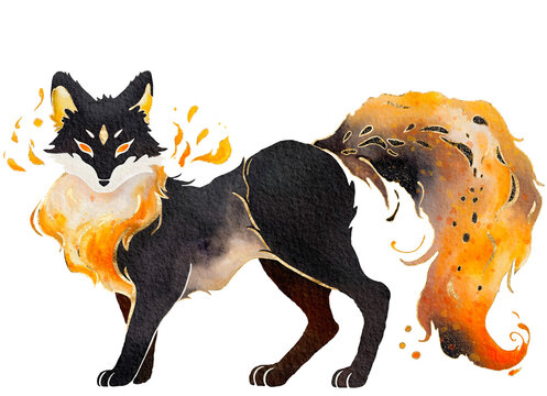 Hand-drawn watercolor illustration of japanese kitsune fire fox spirit